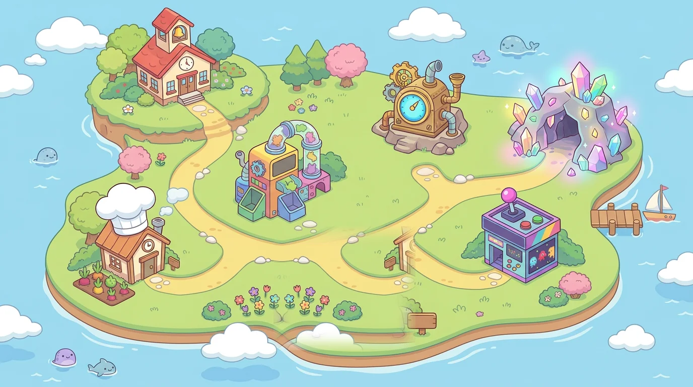 An illustrated island map with a school, kitchen, zoo machine, time machine, crystal cave and arcade